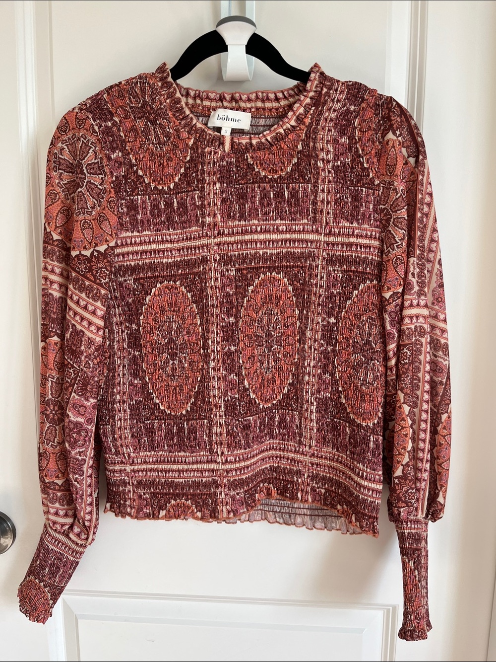 bohme Red Rust Paisley Smocked Long-Sleeve Blouse